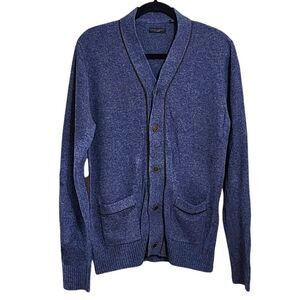 Singer + Sargent cardigan grandpa sweater blue & brown button up elbow patch M